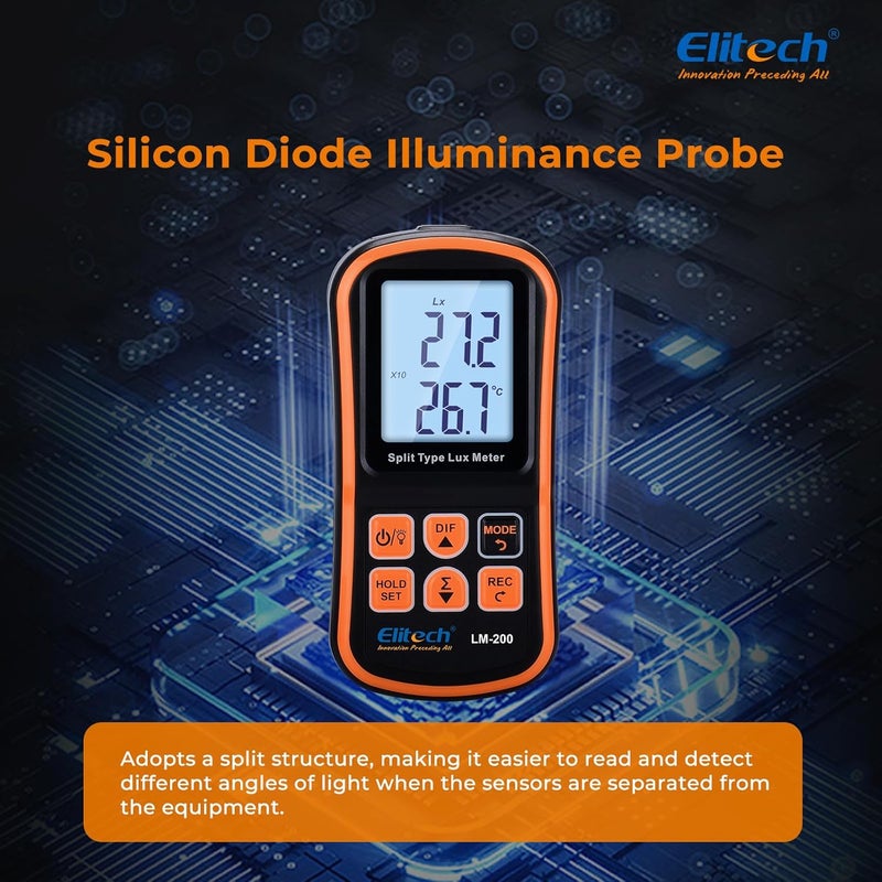 Elitech Digital Light Meter LM-200, Handheld Illuminance Meter with LCD Display, 200,000 Lux Range, Temperature Measurement - Image 3